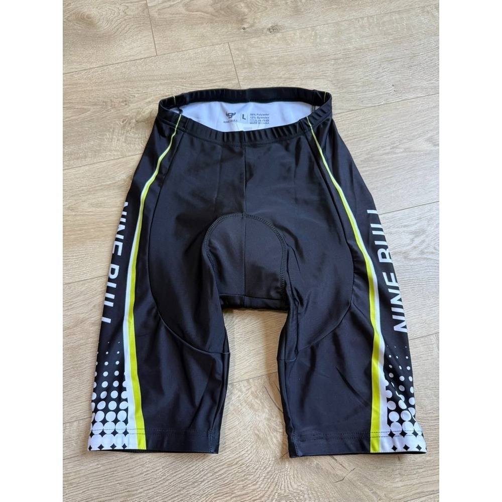 EUC Mens Nine Bull black cycling shorts padded yellow black white size L